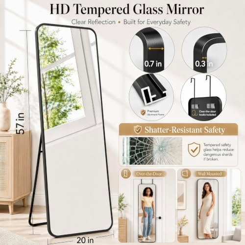 57x20" Full Length Mirror Floor Stand,Over the Door,Wall Mounted Black - Image 2