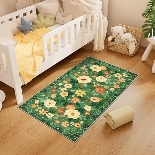 DUKINO 2x4 Entryway Rug, Floral Washable Kitchen Rugs Non Slip, Dark Green - Image 3