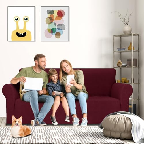 MAXIJIN Couch Covers for 3 Cushion Couch Sofa (71"-91"), 1-Piece Stretch Sofa Cover Slipcover Furniture Protector with Elastic Bottom for Kids,Dogs (Large, Diamond Pattern Wine Red) - Image 2