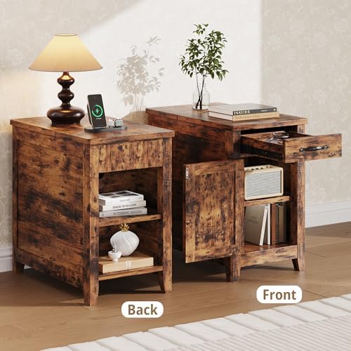 IRONCK End Table with Charging Station, Farmhouse Narrow Side Table with Drawer and Cup Holder, End Table Set of 2 with USB Ports and Outlets for Living Room, Vintage Brown - Image 3