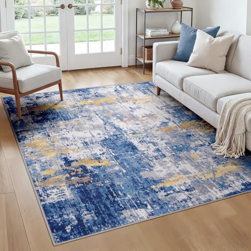 RELEANY Washable Square 6'x6' Area Rug for Living Room Blue Gold by RELEANY