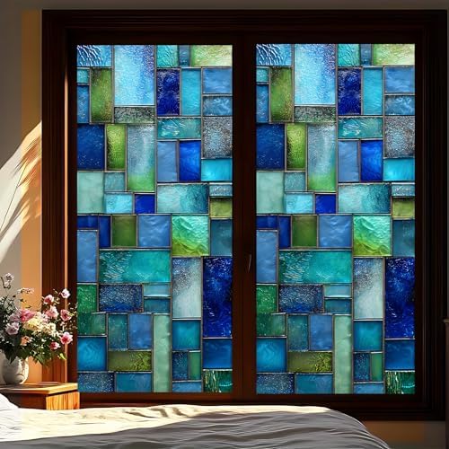 Decorative Scenic Frosted Window Film, Stained Glass Style Privacy Film, UV-Resistant Static Cling Film Suitable for Bathroom and Kitchen Glass (Geometric Blocks, 17.51x39.37 inches) by KKYEJLQYI