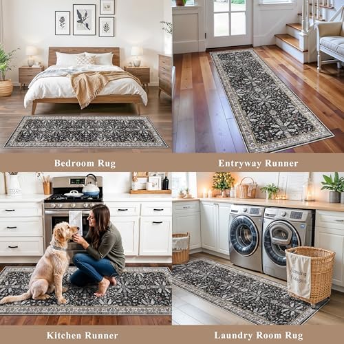 2x8ft Kitchen Rug Runners Washable Non Slip – Boho Floral Carpet Runner for Hallway, Bathroom, Bedroom, Entryway – Soft Low-Pile Thin Long Kitchen Floor Rug (Black, 2x8) - Image 4