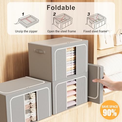 Clothes Storage Bins with Metal Frame Foldable Storage Box Clothes Organizers Storage Containers for Clothes Sheets Blankets Books Toys Gifts and Holiday Decorations (66Lx3 Pack) - Image 3
