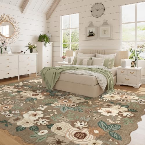 DUKINO 8x10 Area Rug for Living Room, Soft Floral Washable Rug, Light Taupe - Image 5
