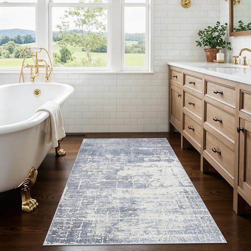 Washable 3x4 Kitchen Area Rugs: Abstract Stain-Resistant Sink Rug Non-Slip Durable Doormat Soft Bedroom Nursery Besides Carpets Indoor Water-Resistant Bathroom Floor Mat for Family(3x4,Blue/Ivory) - Image 4