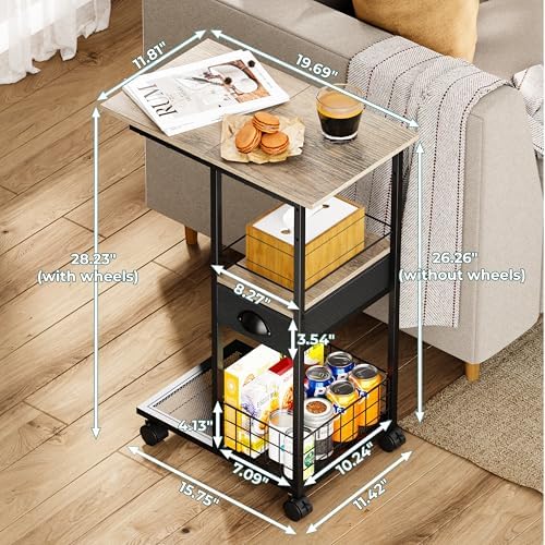 Rolling C Shaped Side Table with Storage Drawer, Ivory Portable Desk on Wheels, Bedside Table for Sofa Couch & Bed, Small Overbed Laptop Desk, Mobile Coffee End Table for Bedroom Living Room Dorm - Image 3
