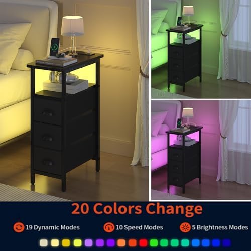 sthmec End Table with Charging Station,LED Side Tables with USB Ports and Outlets,Skinny Bedside Tables with 3 Drawers,Small Tabls Nightstands for Small Space,Slim Sofa Table for Livingroom,Black - Image 6