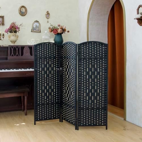 Compact 3 Panel Short Room Divider, 47.2 Inch Tall Double-Sided Rattan Folding Screen for Home & Office,Black by PawlaBay