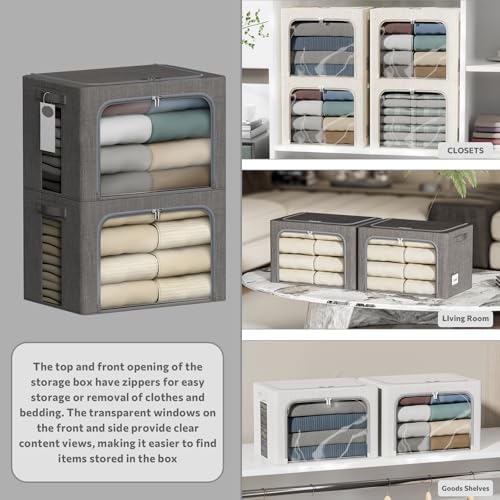 4 Pack Clothes Storage Bins with Metal Frame - 36L Stackable Storage Box with Lid，Foldable Storage Container Organizer for Clothes，Linen Fabric Storage Box with Clear Window＆Zippers＆Handles - Image 2