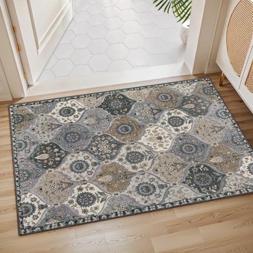 Lahome Moroccan Trellis Area Rug, 2x3 Entryway Rug Non-Slip Washable Indoor Door Mat, Small Oriental Accent Throw Carpet for Bedroom Kitchen Entry Bathroom Elise, Grey - Image 4