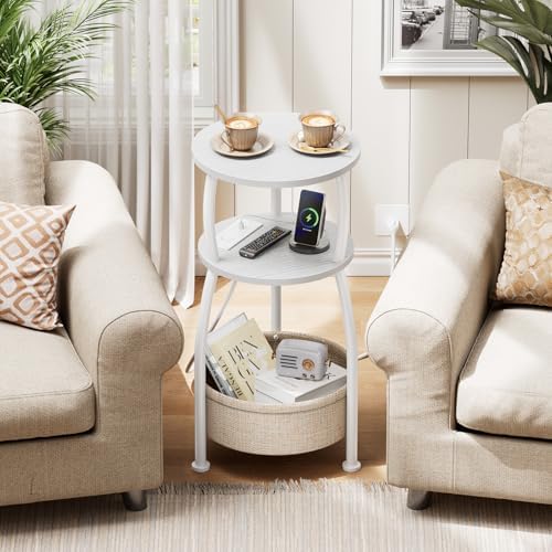 Side Table with Charging Station, Small Round End Table with Basket - Image 5