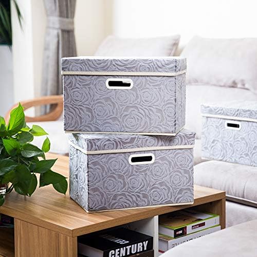 PRANDOM Collapsible Storage Boxes with Lids Fabric Decorative Storage Bins Cubes Organizer Containers Baskets with Cover Handles Divider for Bedroom Closet Living Room 14.9x9.8x9.8 Inch 3 Pack - Image 2