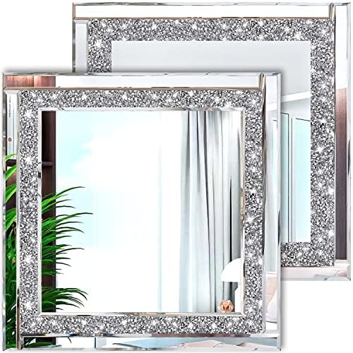 Meetart Crystal Crush Diamond Silver Mirror 12'' x 12'' 2PCS,Frameless Stylish Gorgeous Diamond Decor Glam Glass Mirror. for Bedroom Bathroom Hanging Mirror Home for Wall Decor. by Preferred+brand+for+home+decor