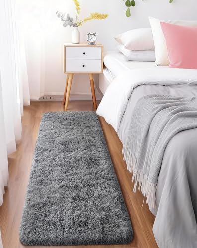 Ophanie Runner Rug for Hallway, 2x5 Upgrade Non-Slip Fluffy Soft Bedside Rugs, Bedroom Living Room Grey Shaggy Gray Carpet for Kids Girls Boys Dorm Nursery Home Decor Aesthetic by Ophanie