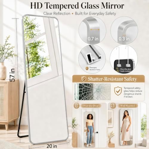 57x20" Full Length Mirror Floor Stand,Over the Door,Wall Mounted Silver - Image 2