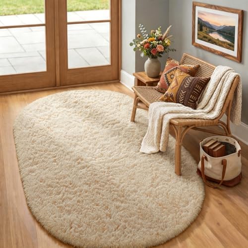 Ophanie 4x6 Oval Beige Rugs for Bedroom Living Room,Fluffy Fuzzy Furry Carpet,Plush Soft Shaggy Bedside Indoor Floor Area Rug for Kids Girls Boys Baby Teen Dorm Decor with Over 99 pcs Pile fibers by Ophanie