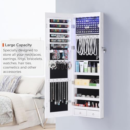 GISSAR Full Length Mirror Jewelry Cabinet, 6 LEDs Jewelry Armoire Wall Mounted Over The Door Hanging, Jewelry Organizer Storage with Lights Lockable White - Image 3