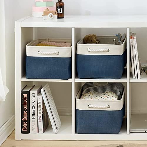 TheWarmHome Storage Bins for Shelves - 1 Pack 15.7x11.8x8.3 inch Fabric Storage Cubes, Storage Basket for Organizing Gift Laundry Cloth Toy Room (White & Jean Blue) - Image 2