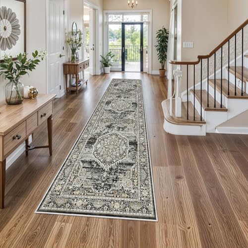 Washable Hallway Runner Rugs 3x12: Soft Ultra Thin Low Pile Carpet Machine Washable Indoor Lightweight Rug Runner Anti Slip Backing Rugs for Living Room Bedroom Kitchen 3'x12' Black by YOUFORTONG