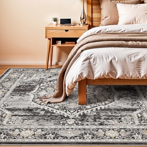 7x7 Area Rug Washable Living Room Rugs: 7ft Square Ultra Thin Soft Oriental Area Rugs Non-Slip Backing Farmhouse Rug Low Pile Thin Stain Resistant Indoor Carpets, 7' x 7' Black - Image 4