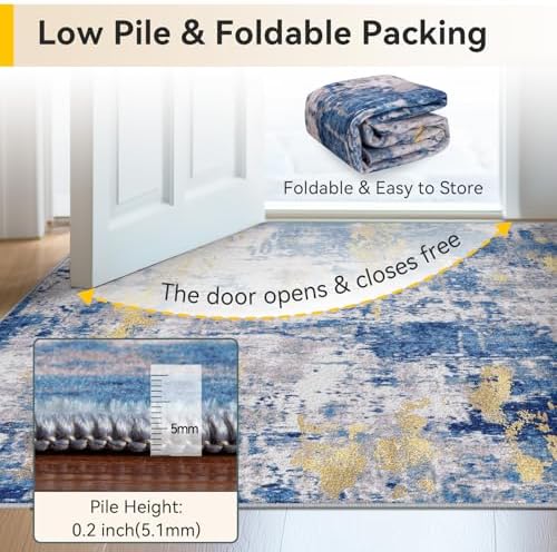 RELEANY Washable Runner 2'6"x14' Abstract Area Rug for Hallway Blue Gold - Image 4