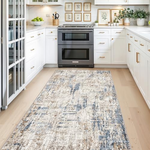 4x8 Washable Area Rug – Non-Slip Rubber Backed Indoor Rug for Entryway, Kitchen, Hallway | Modern Abstract Neutral Low Pile Thin Floor Mat for Bedroom, Living Room, Office(Blue Brown) - Image 3