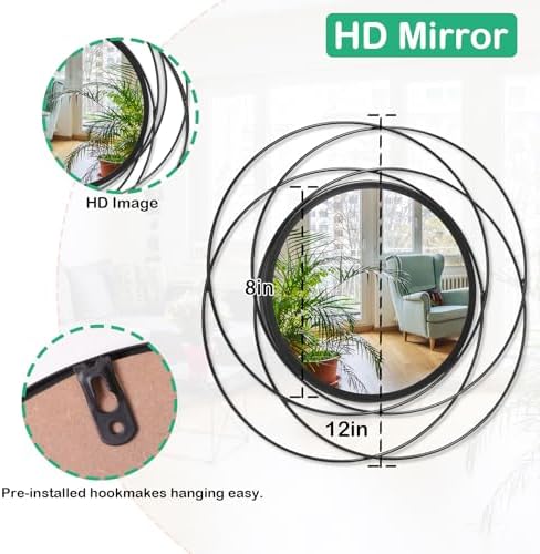 Wall Mirror Mounted Black Small Round Decorative Mirrors, Circle Metal Art Mirror Home for Bathroom Vanity, Living Room or Bedroom 12” x 12” - Image 7