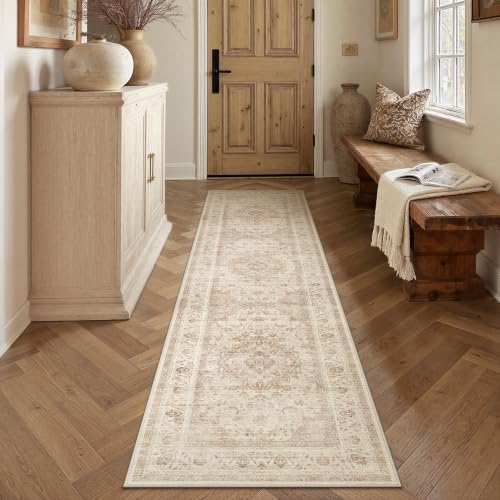 2'6x8 Beige Washable Runner Rug Non Slip Vintage Carpet by WondRg