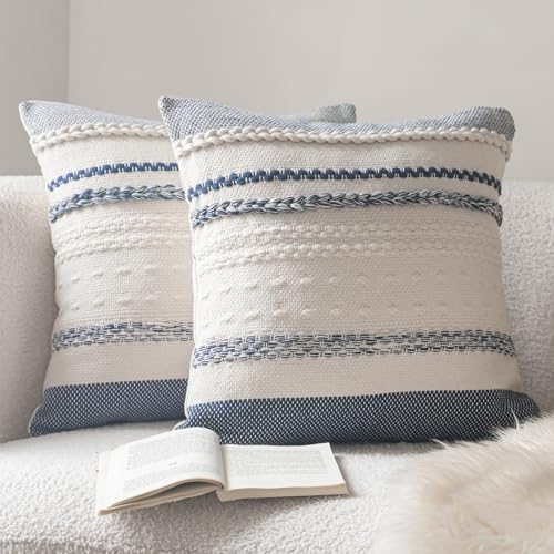 Cethom Boho Throw Pillow Covers 18x18 Inch Set of 2, Navy Blue Textured Decorative Couch Pillow Cases for Farmhouse Home Decor, Accent Cushion Cover for Sofa, Bed, Living Room, Bedroom by Cethom