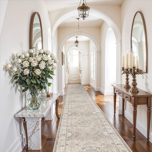 Hallway Washable Runner Rug - 3x20 Kitchen Rugs Entryway Rug Long Runner Vintage Soft Floor Mat Non Slip Indoor Farmhouse Carpet for Bathroom Living Room Bedroom (3 X 20, Beige) by HYHAOYUNLAI
