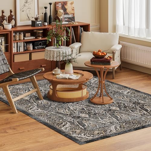 Washable Area Rug 5' x 7' Vintage Traditional Persian Mat - Foldable Distressed Non-Slip Machine Washable Carpet for Living Room Bedroom Kitchen Home Decor - Ebony and Taupe - Image 2