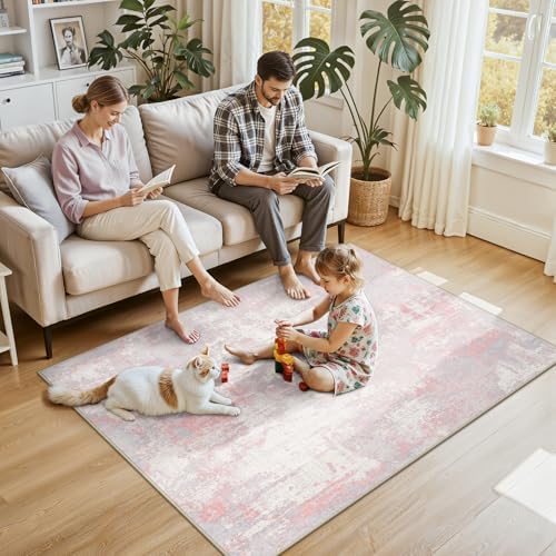 RELEANY Washable 4'x6' Abstract Area Rug for Living Room Gray Pink - Image 2