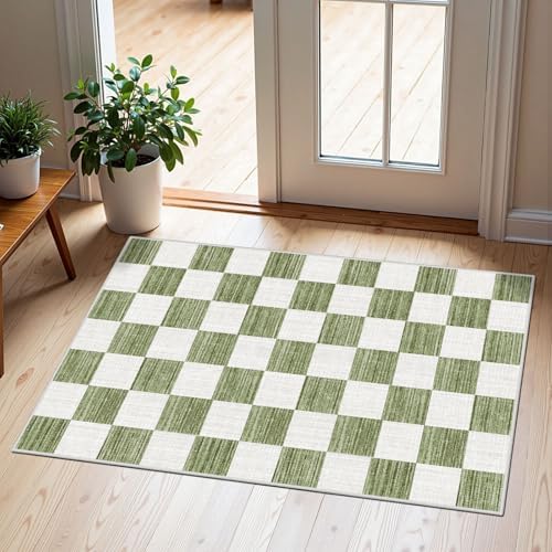 Front Door Mat Outside Entrance 2x3 Green White Checkered Rug by Othilic