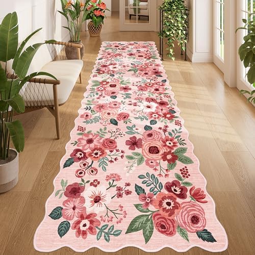 DUKINO 3x10 Runner Rug, Non Slip Floral Washable Rug for Hallway, Pink by DUKINO