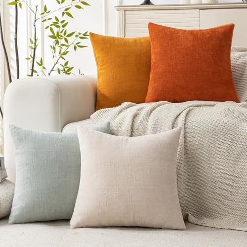 Set of 4 Soft Textured Decorative Throw Pillow Covers 20x20 Inch Cozy Farmhouse Cushion Cover Square Accent Pillow Cases for Bed Couch Sofa Living Room, Beige Aqua Burnt Orange - Image 3