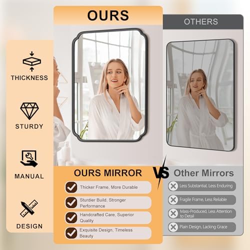 Ferytange 28"x36" Black Bathroom Mirror with Rustproof Metal Frame, Modern Rounded Corner Wall Mirror for Vanity Over Sink, Horizontal/Vertical Hanging - Image 6