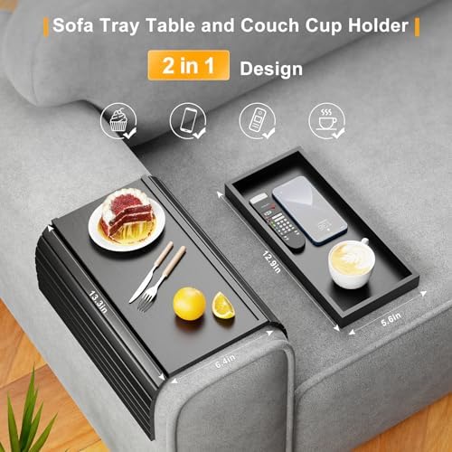 Bestjing 2 in 1 Bamboo Sofa Armrest Tray Table for Couch (Black) - Image 3