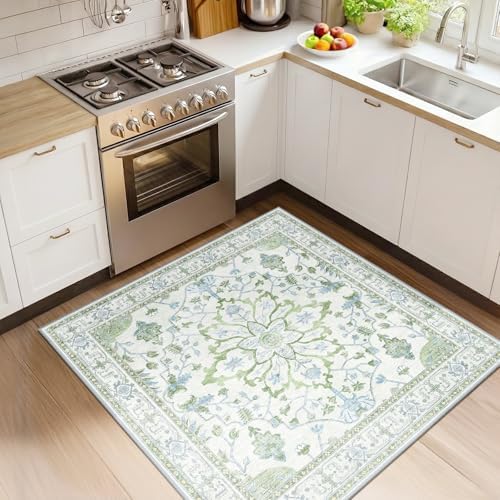 RELEANY Washable Area Rug, Square 4'x4', Green/White/Blue by RELEANY