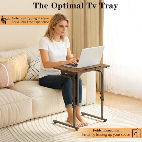 Adjustable Folding TV Tray, C-Shaped Foldable Table for Couch, Brown - Image 4