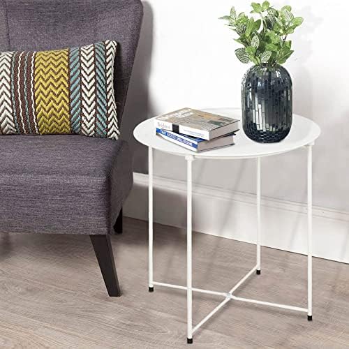 Garden 4 you End Table Metal Side Table White Round Folding Tray Cyan Sofa Small Accent Fold-able Table, Round End Table Tray, Next to Sofa Table, Snack Table for Living Room and Bed Room - Image 2