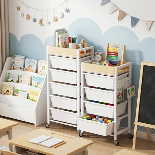 6 Tier Rolling Cart with Drawers, Plastic Drawer Storage Craft Cart with Pegboards & Hooks, Metal Utility Cart with Wheels & Wooden Tabletop, Classroom Office Art Supply Organizers and Storage, White - Image 2