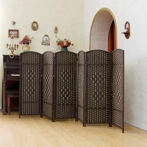 Compact 6 Panel Short Room Divider, 47.2 Inch Tall Double-Sided Rattan Folding Privacy Screen for Home & Office,Dark Brown by PawlaBay