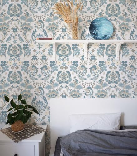 Vintage Peel and Stick Wallpaper, Light Blue Beige Traditional Damask Floral Removable Wallpaper for Bedroom Closet Accent Wall, Farmhouse Cottage Home Decor (Soft Blue, 17.3"x472.44") - Image 3