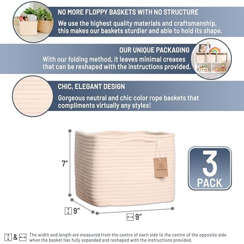 NaturalCozy Storage Cubes 9”x9”x7”Cotton Rope Woven Baskets for Organizing 3-Pack | 9 Inch Cube Storage Bin | Small Basket for Shelf Nursery, Pantry, Decorative Plant, Bathroom Closet, Toy Gift - Image 2