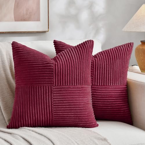 Fancy Homi 2 Packs Burgundy Big Decorative Throw Pillow Covers 24x24 Inch for Living Room Couch Bed Sofa, Rustic Farmhouse Boho Home Decor, Soft Corss Corduroy Patchwork Accent Cushion Case 60x60 cm by Fancy+Homi