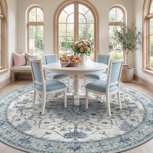RELEANY Washable Area Rug, Round 10ft, Blue/White/Gray - Image 3