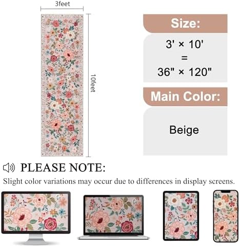 DUKINO 3x10 Runner Rug, Floral Washable Kitchen Runner Rug Non Slip, Beige - Image 2