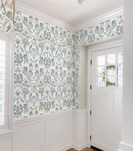 Vintage Peel and Stick Wallpaper, Light Blue Beige Traditional Damask Floral Removable Wallpaper for Bedroom Closet Accent Wall, Farmhouse Cottage Home Decor (Soft Blue, 17.3"x472.44") - Image 4