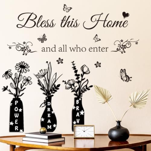 Bless This Home and All Who Enter Wall Decal - Inspirational Quote with Floral Vase & Butterfly Stickers, Power Dream Brave Vinyl Wall Art for Entryway, Living Room, Farmhouse Home Decor - Image 6